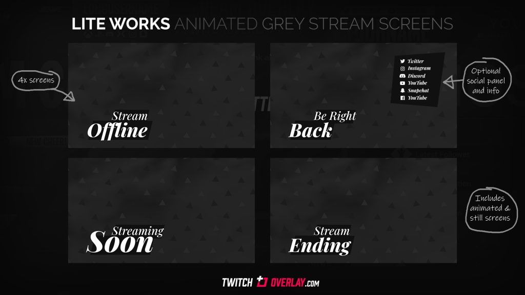 grey streaming soon & brb screens | Twitch Overlay