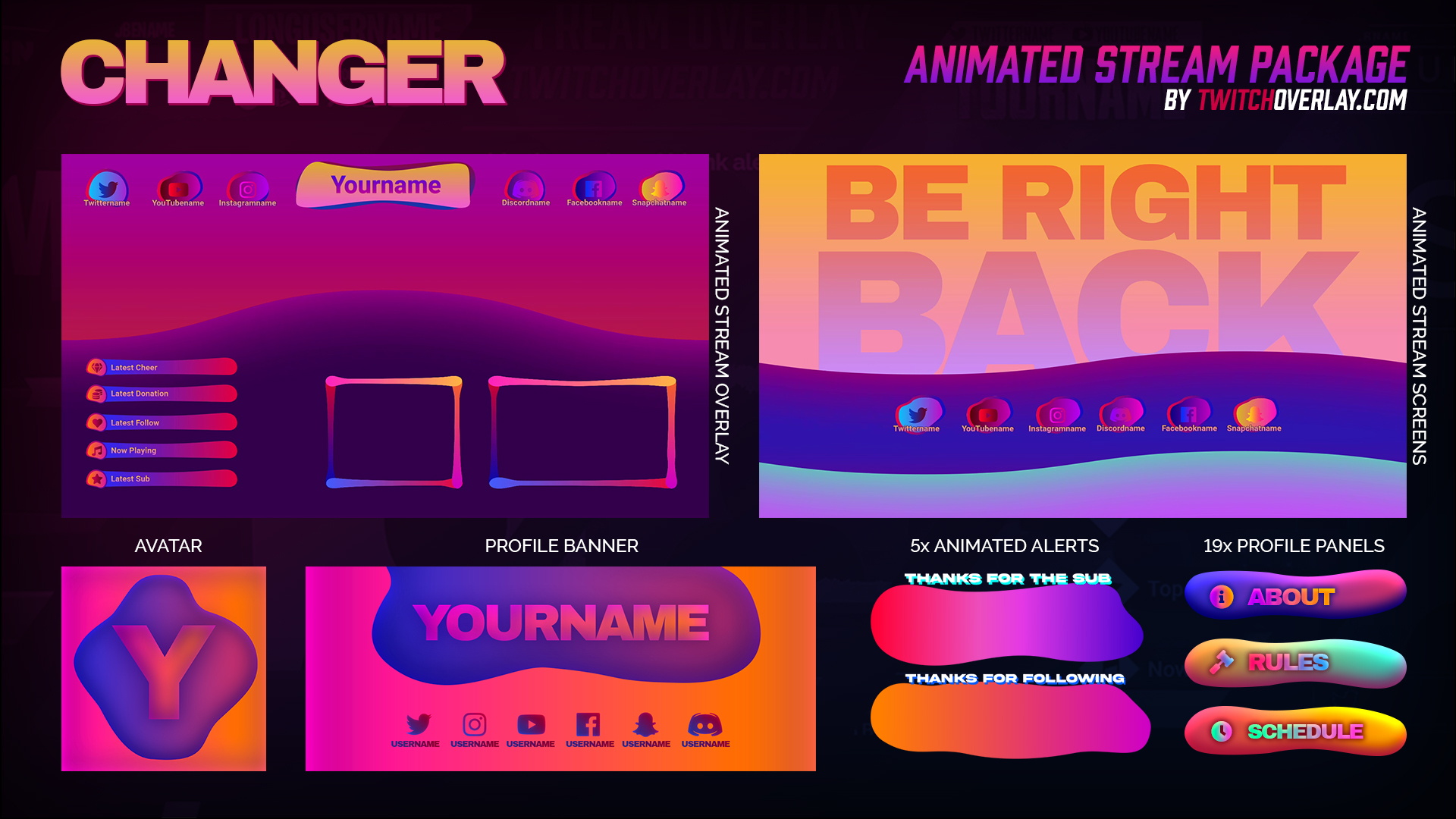 Overlays Stream Pack Animated / Neon Purple Style Compatible 